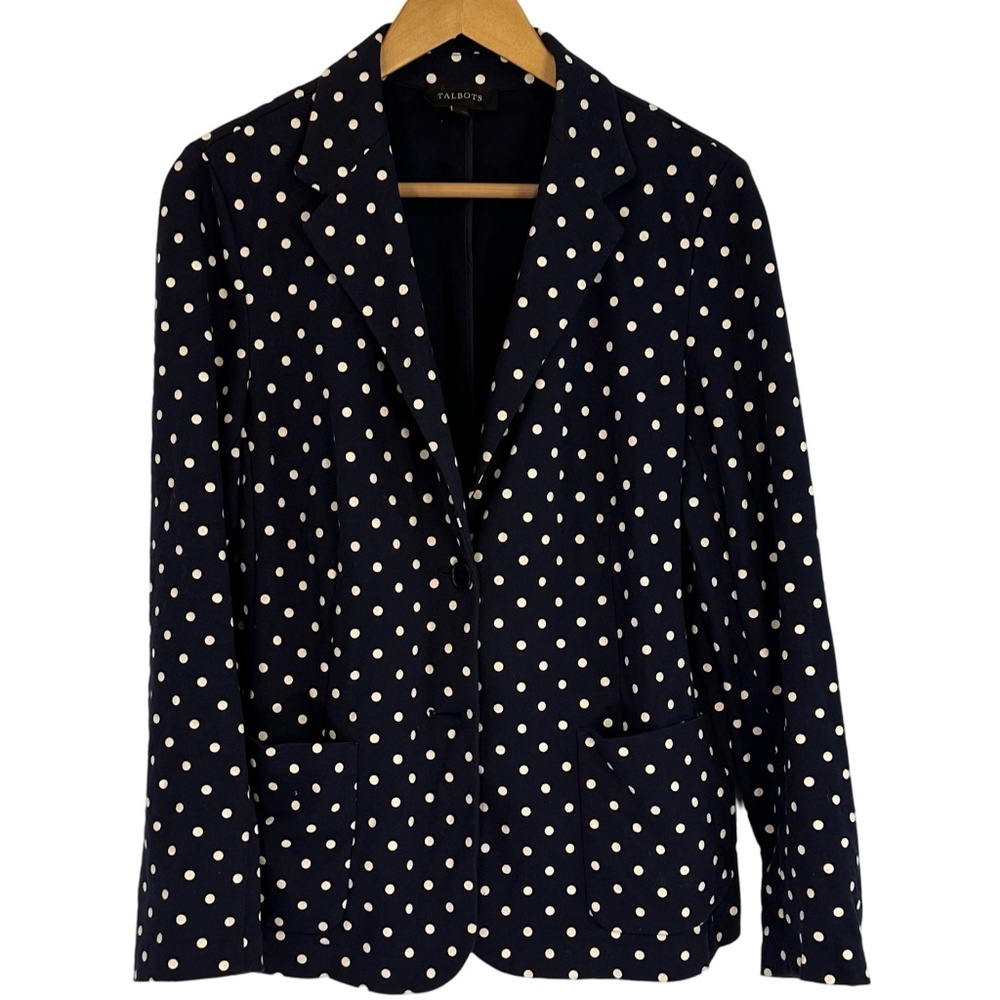 Talbots Navy‎ and Cream Large Cotton Blend Polka Dot Three Button Blazer
